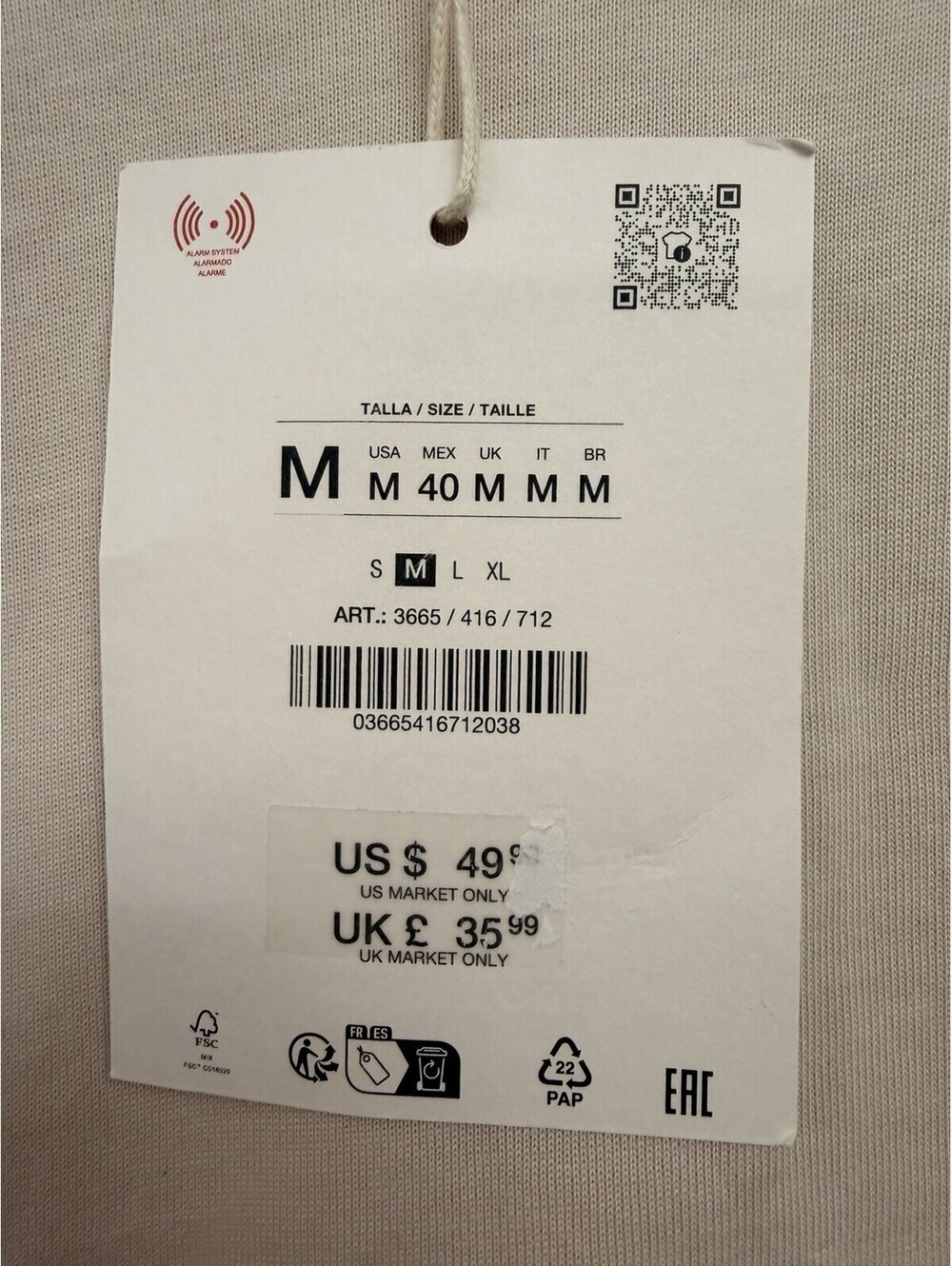 Zara Men’s Cream Long Sleeve T Shirt Crewneck Minimalist Casual Top Size M NWT - Picture 6 of 8